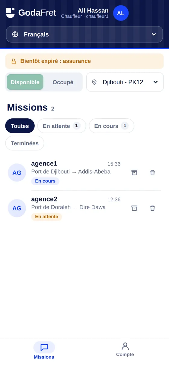 Écran d'accueil du chauffeur : disponible ou occupé, position et missions