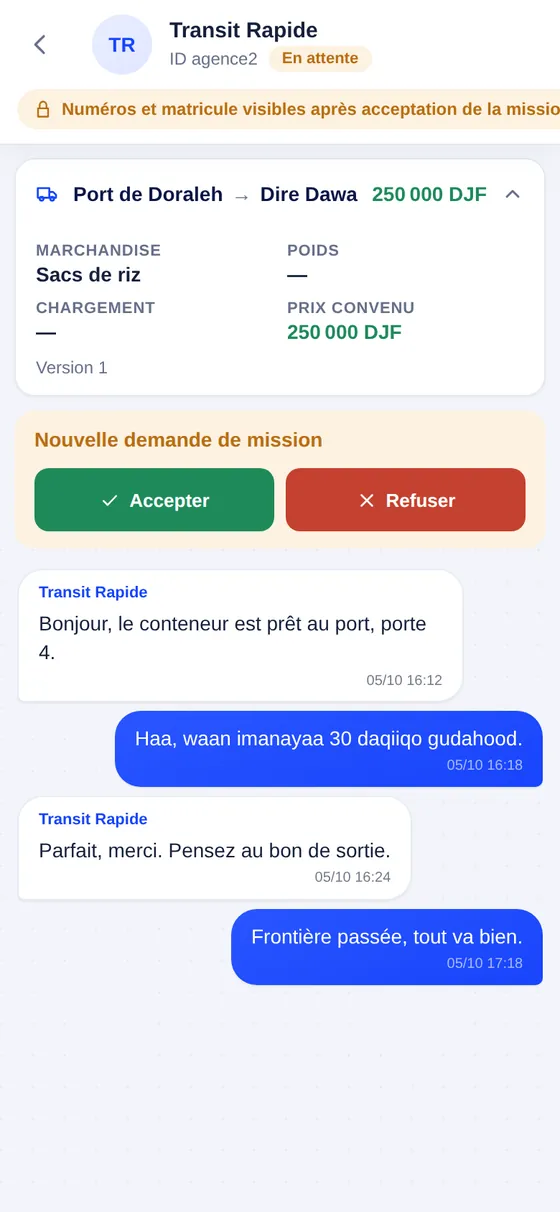 Le chauffeur reçoit une nouvelle mission avec le trajet et le prix, et peut l'accepter ou la refuser